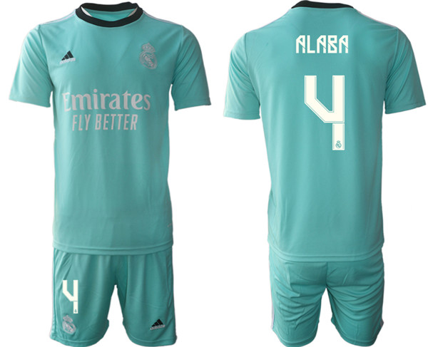Men's Real Madrid #4 David Alaba 2021/22 Teal Away Soccer Jersey Suit